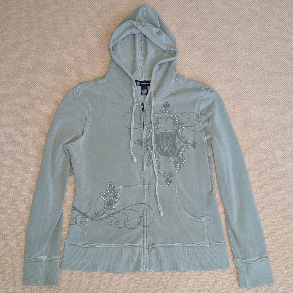 INC International Concepts Y2K Sage Green Edgy Ornate Rhinestone Graphic Hoodie